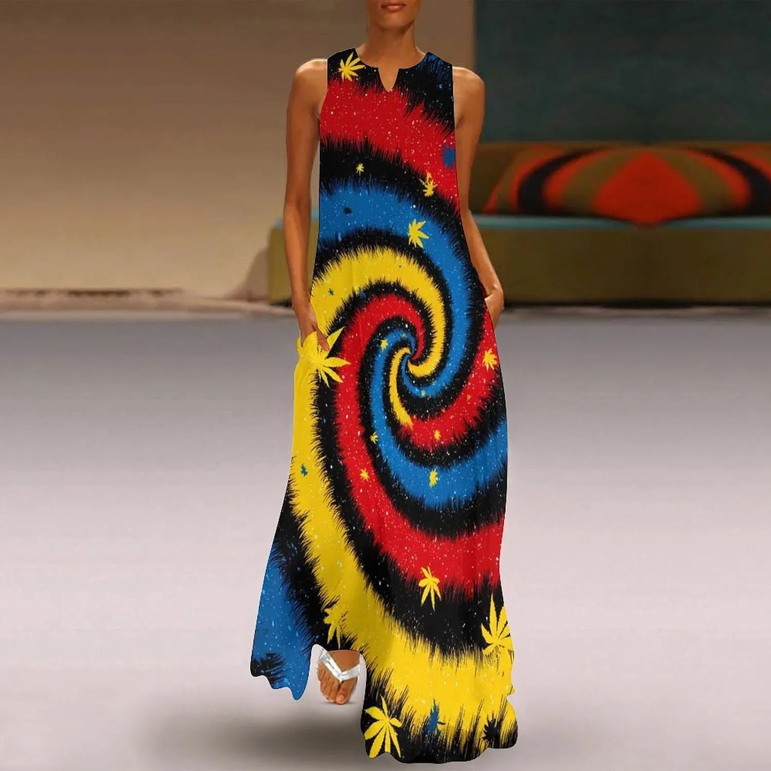 Женское длинное платье с принтом листьев Tie Dye, Style — фото 2