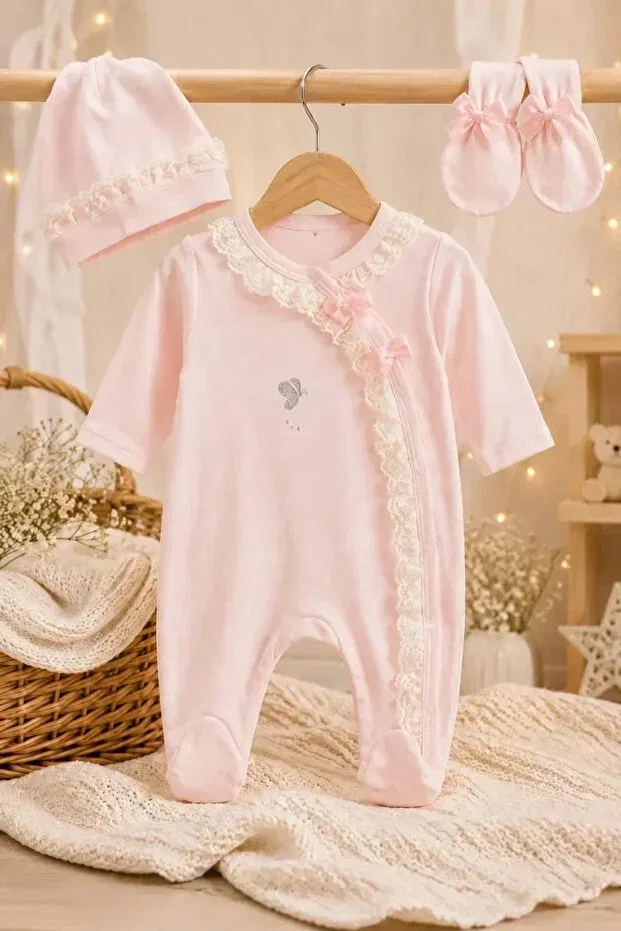 Детский комбинезон для девочек с принтом Girl butterfly lace 3 piece jumpsuit set Imajbebe, Salmon