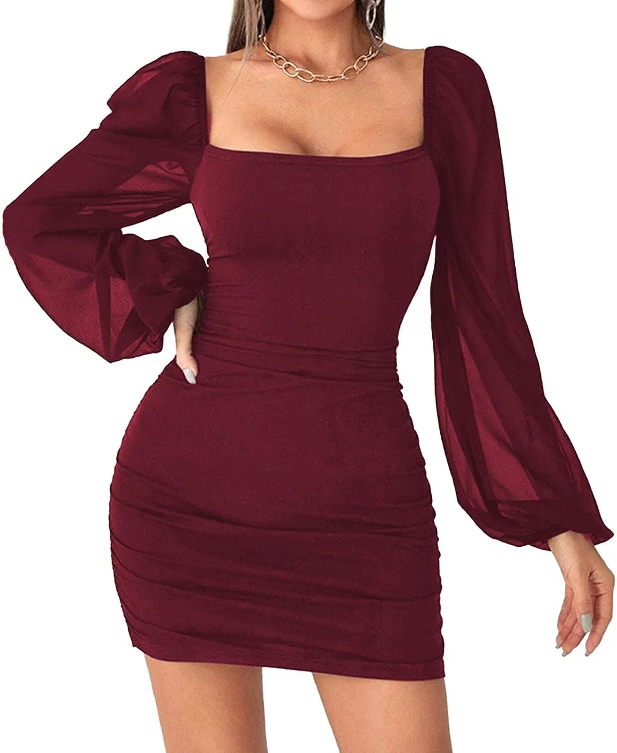 Женское облегающее мини-платье с рукавами-фонариками, Wine Red