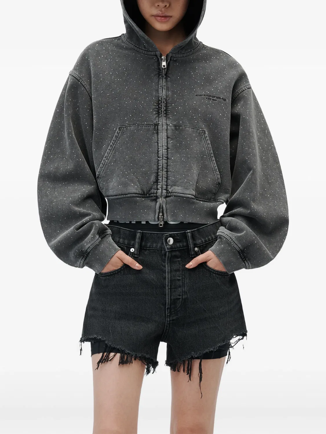 Худи на молнии со сплошным декором из страз Alexander Wang, серый — фото 4