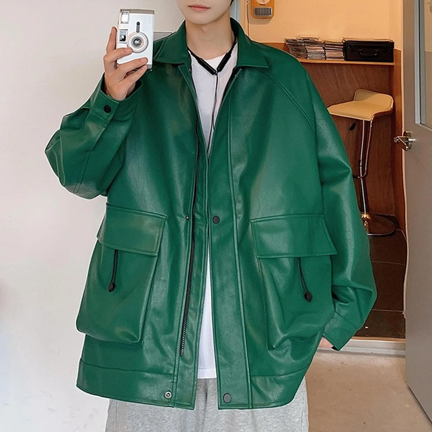 Мужское кожаное пальто оверсайз Vintage Baggy Bomber, зелёный — фото 2