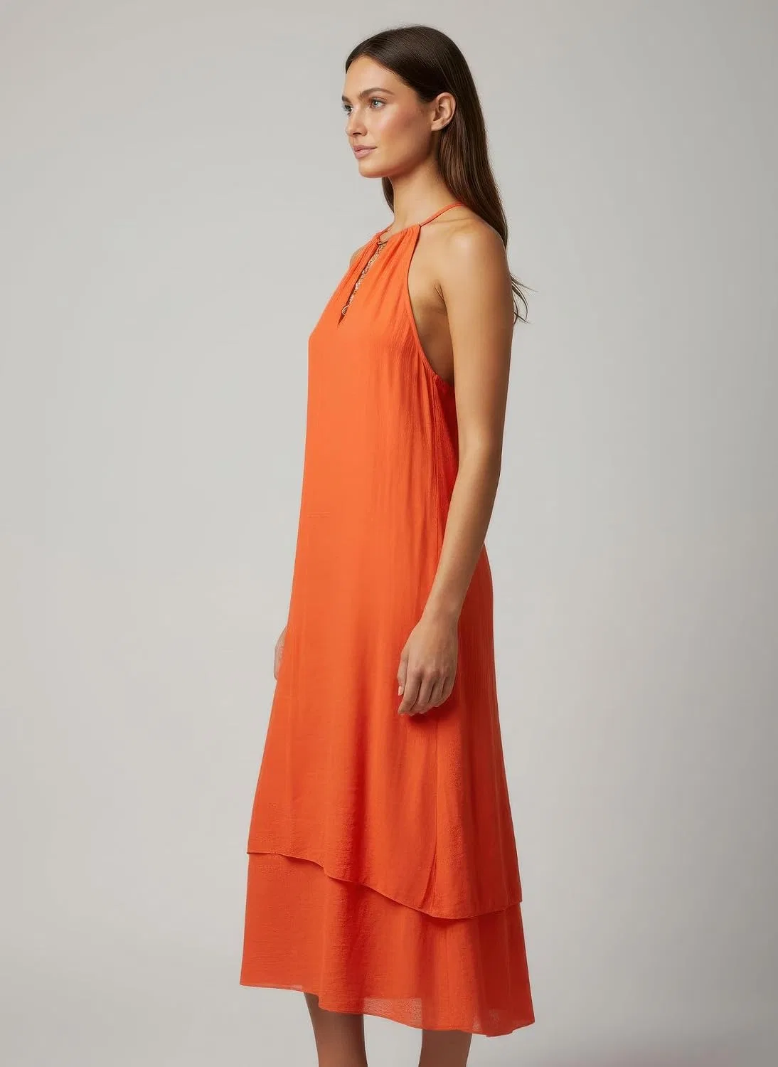 Женское платье без рукавов с золотым ожерельем Generic, Orange — фото 3