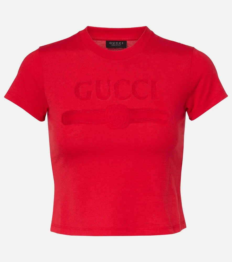 Укороченная футболка из хлопкового трикотажа с логотипом Gucci, красный