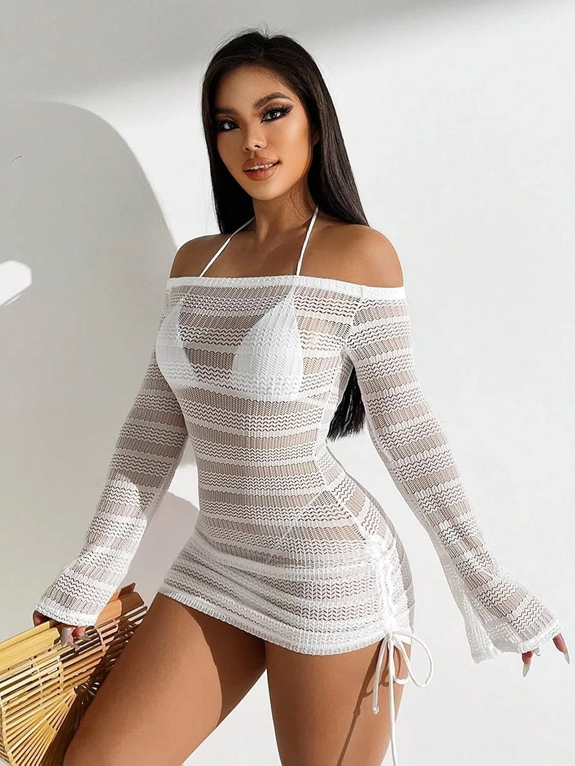 Женское пляжное платье-накидка с открытыми плечами, White — фото 2