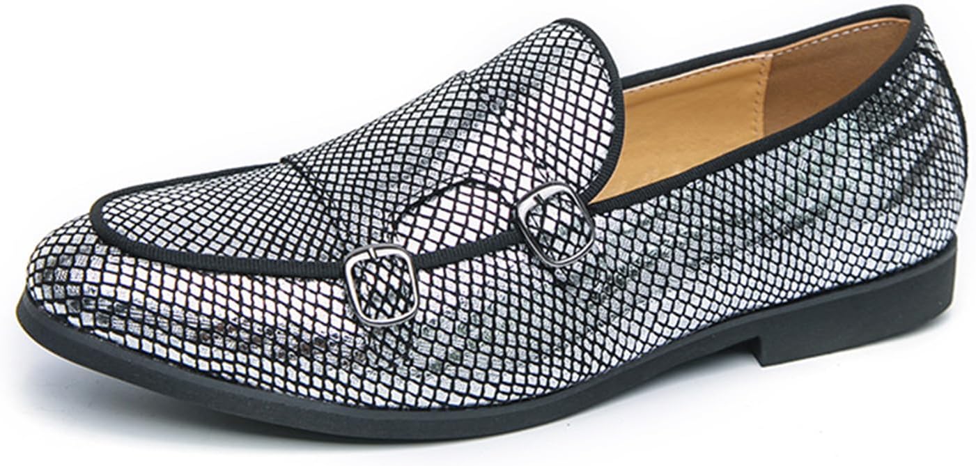 

Мужские кожаные лоферы с двойным ремешком-монком и принтом, с легкой дышащей подошвой, круглым носком, мягкой подошвой, плоские мокасины, формальная обувь, деловая повседневная обувь для вечеринок и свадеб Ksedt, серебро