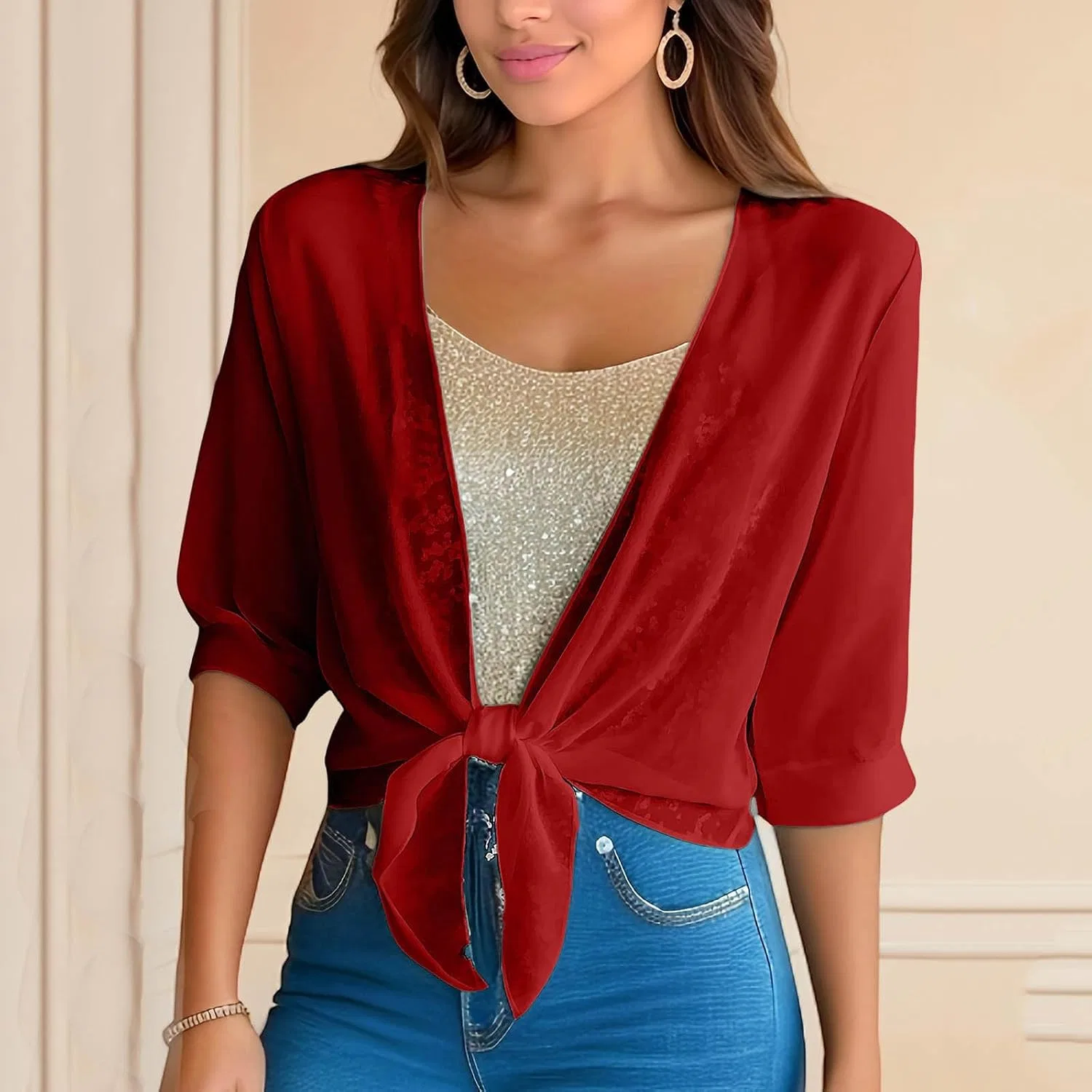 Женский кардиган без застежки с сеткой, модель Tie Front, Red-1 — фото 2