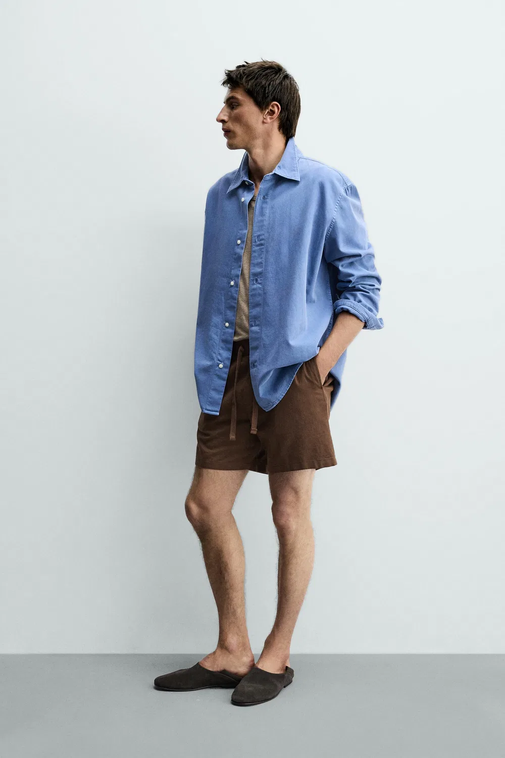 Хлопковые/льняные шорты-бермуды свободного кроя ZARA, Brown — фото 4