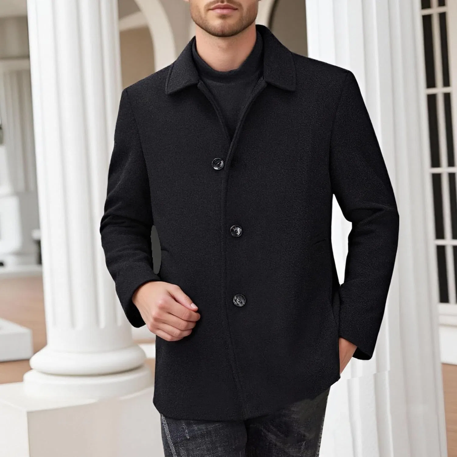 Мужское пальто-тренч с длинным рукавом, Slim Fit, чёрный — фото 2