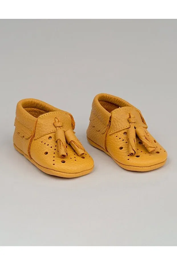 Детские тапочки-мокасины из натуральной кожи Poy natural leather mustard moccasin Beybium, Hardal — фото 3