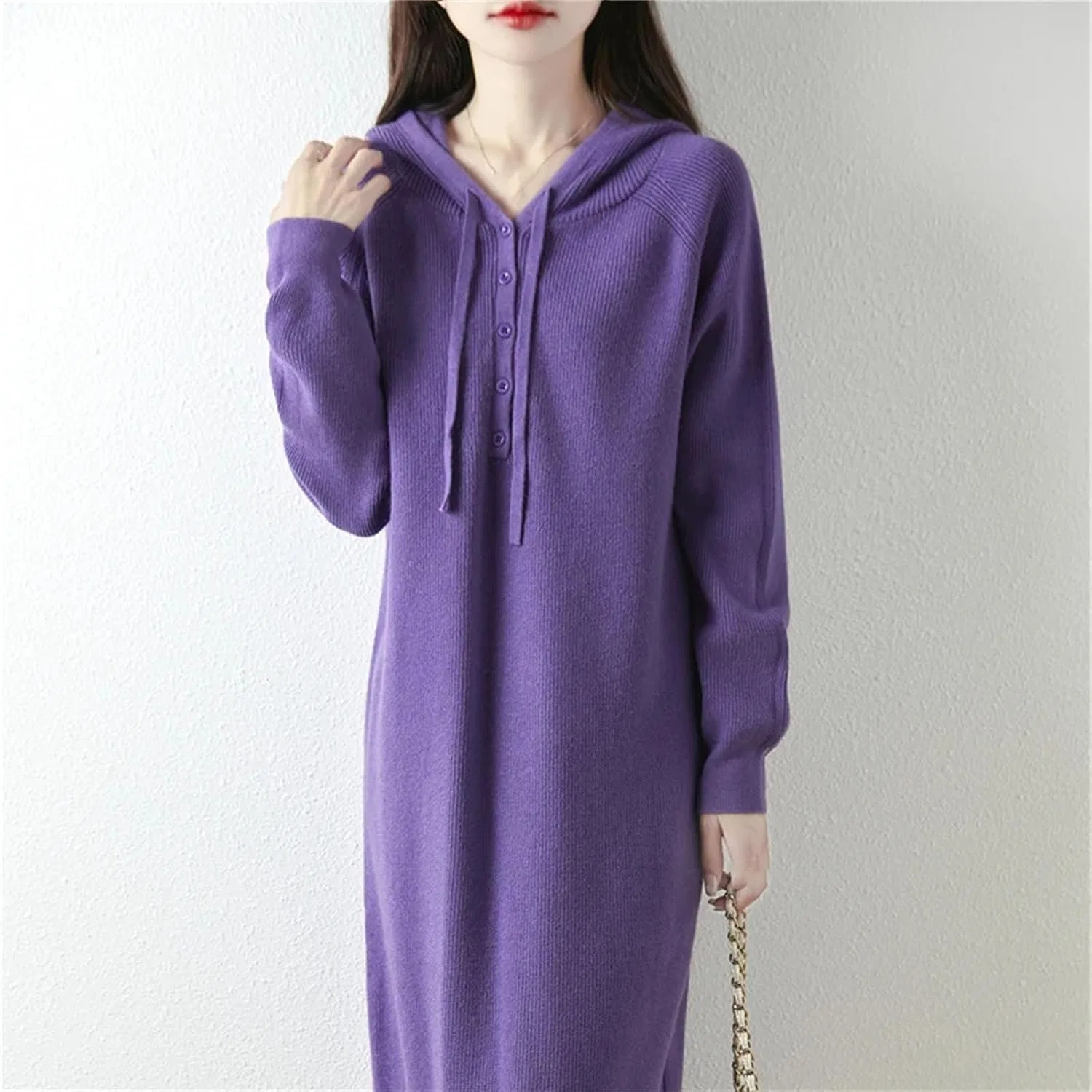 Женское свободное платье с капюшоном из шерсти Generic, Purple — фото 3