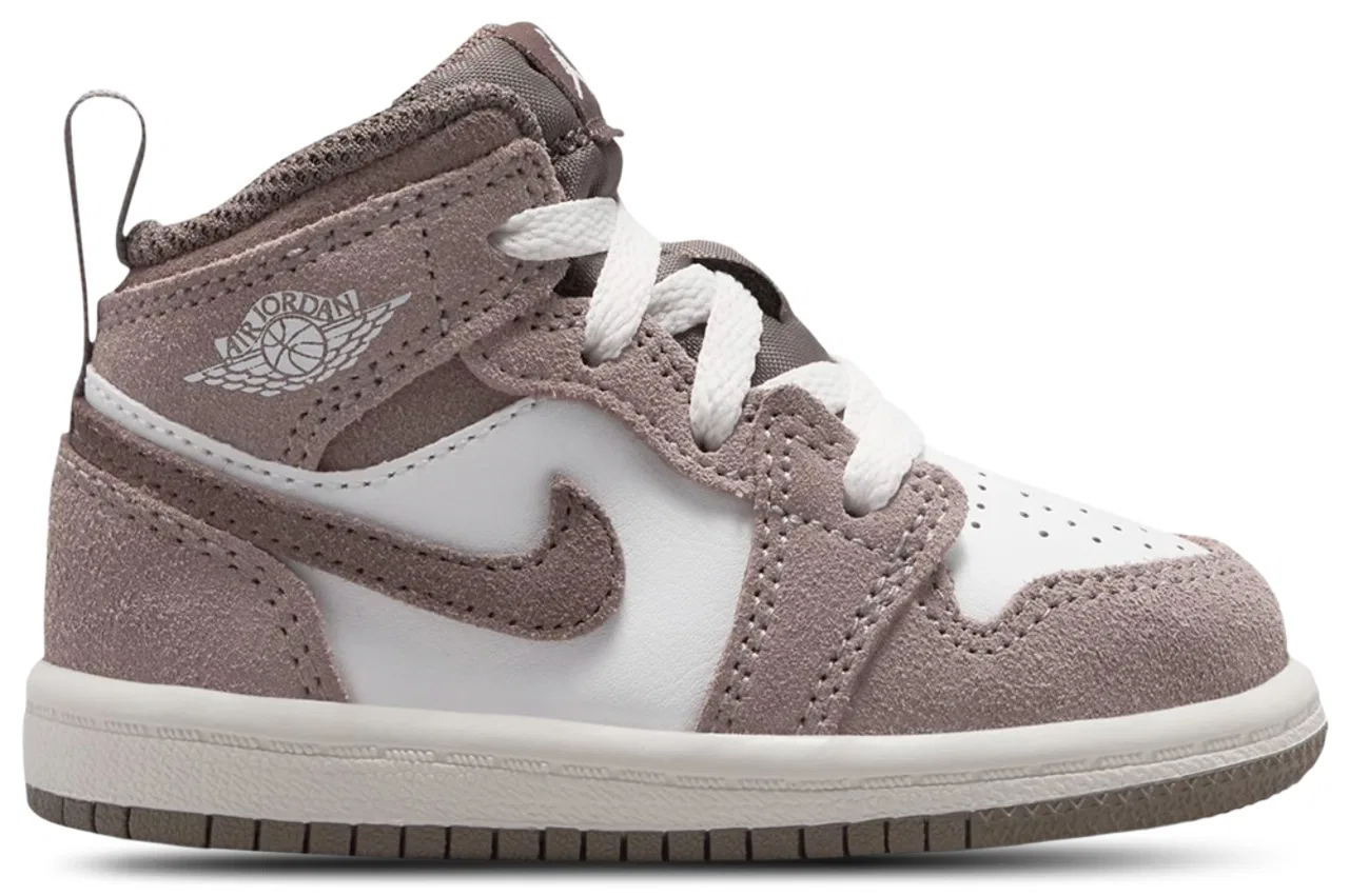 Детские кроссовки для мальчиков с кожаным верхом Jordan AJ 1 Mid, Summit White/Enigma Stone/Olive Grey