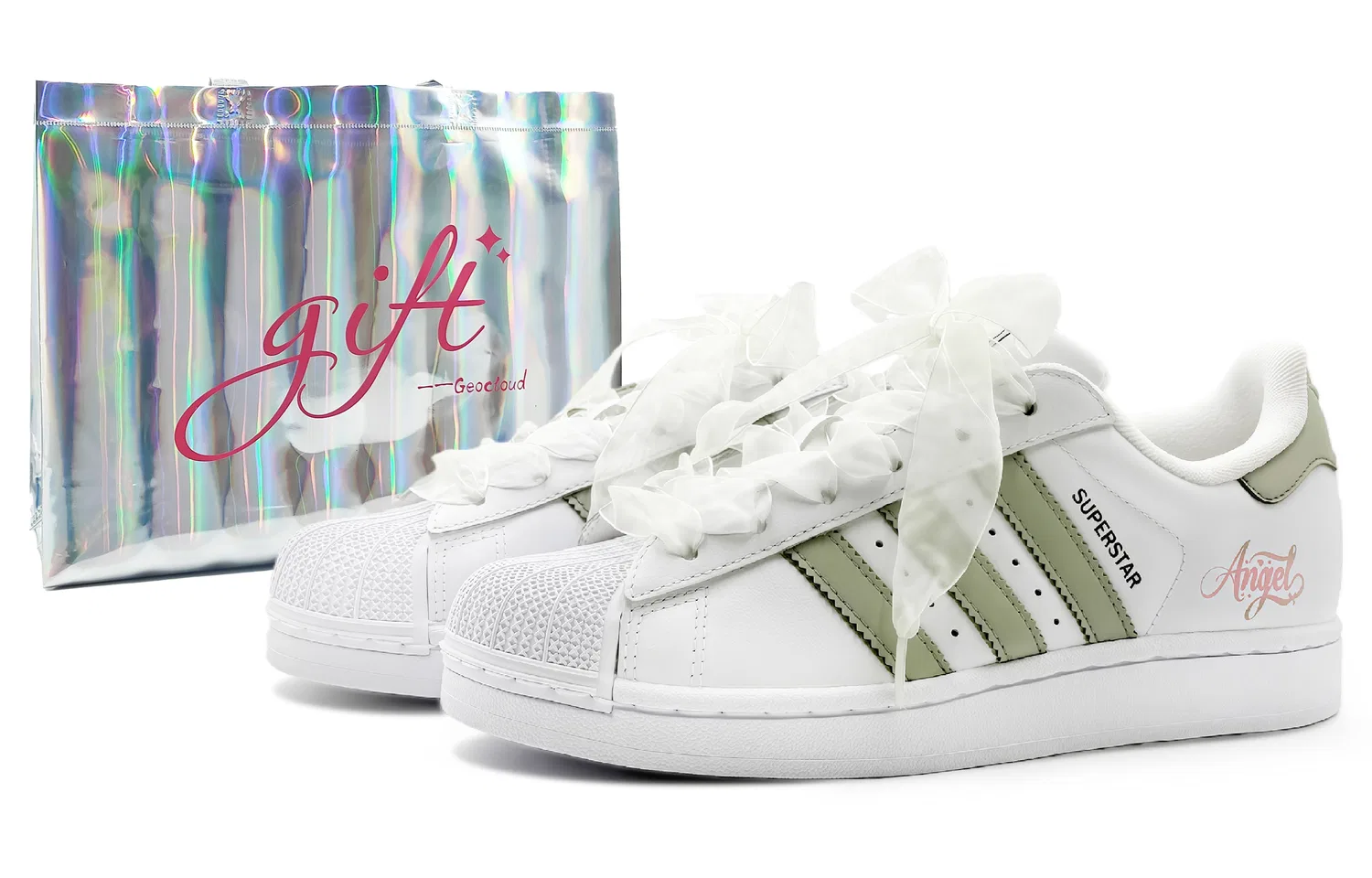 Детские кроссовки для скейтбординга с принтом Angel Adidas Originals Superstar 2, White Gray Pea Green