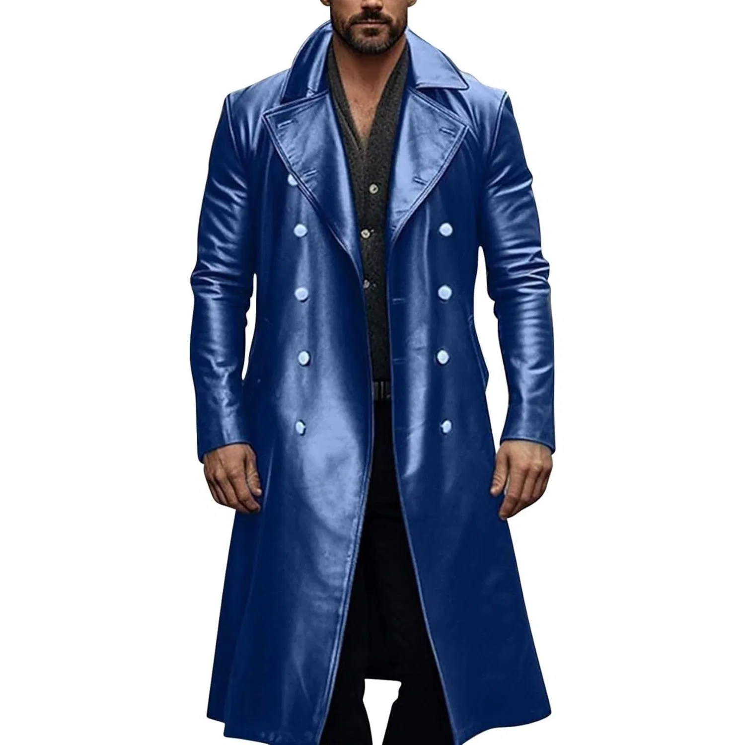 Мужское пальто из экокожи с открытым передом Steampunk, Blue-a1