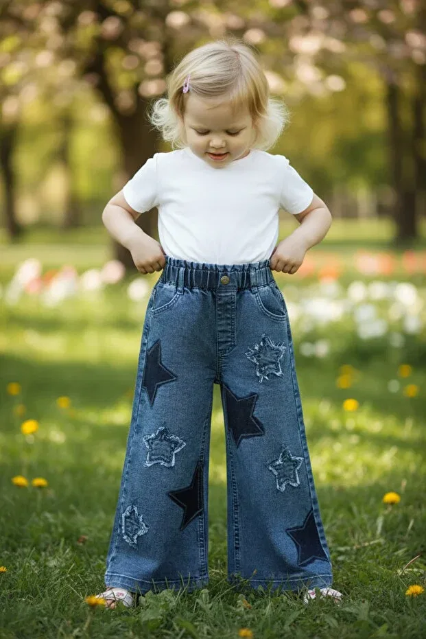Детские джинсы для девочек с вышивкой звездой Mini Trends, Blue