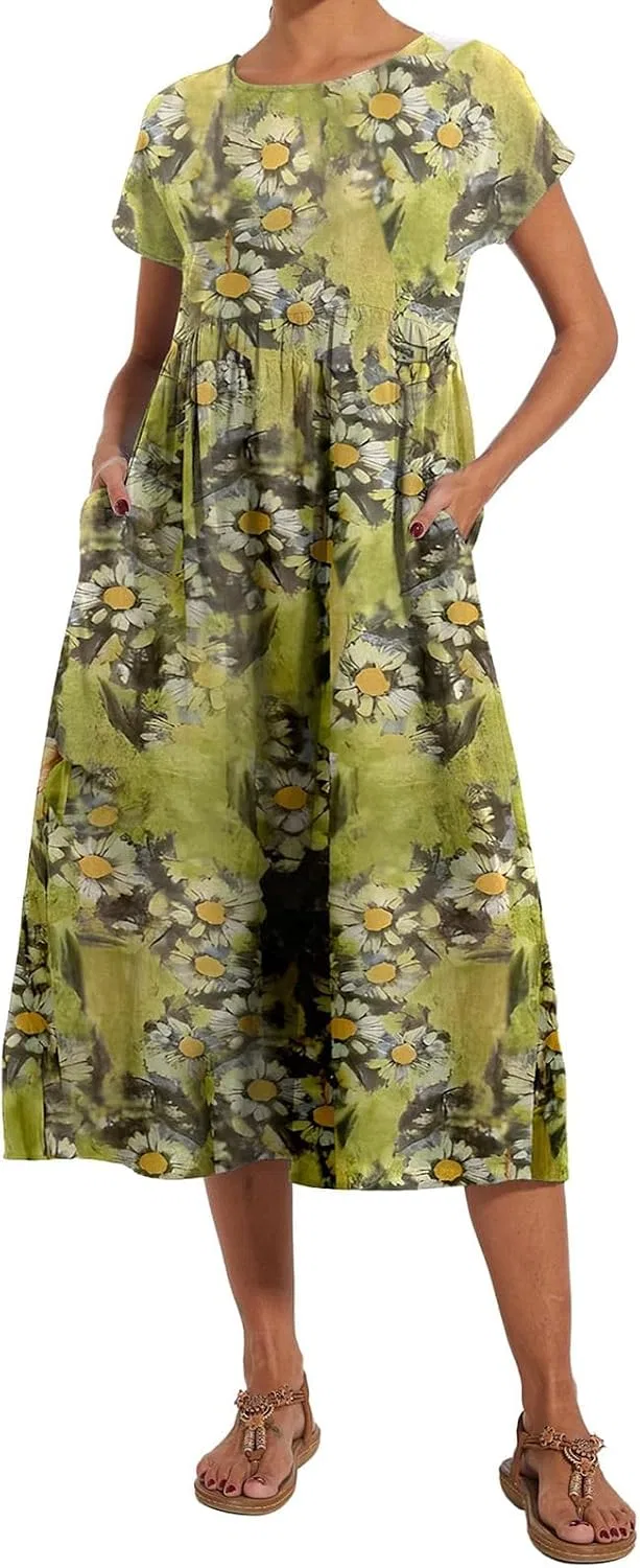 Женское свободное платье-миди с коротким рукавом Cotton Linen, Yellow — фото 4