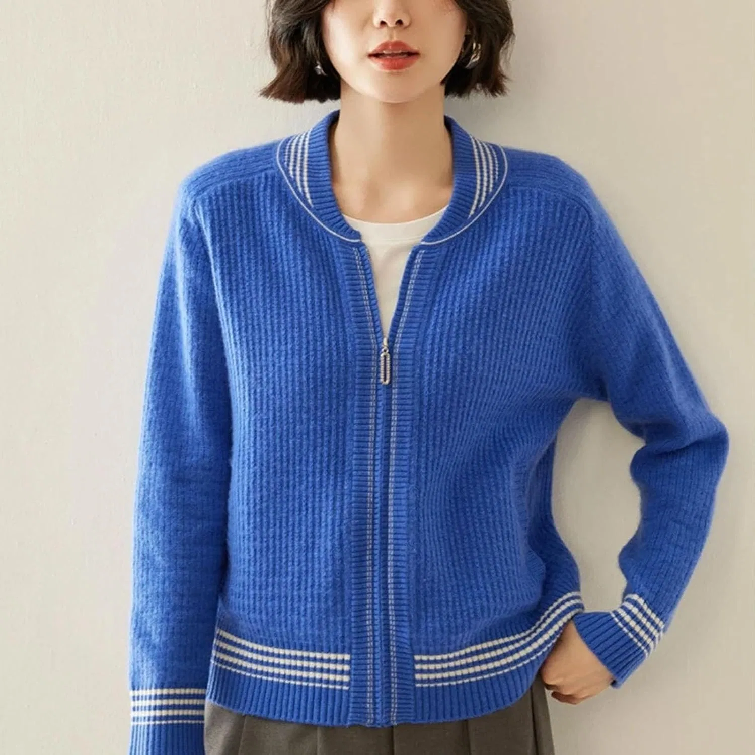 Женский кардиган с молнией, с длинным рукавом, Cashmere Thick Sweater, белый — фото 3
