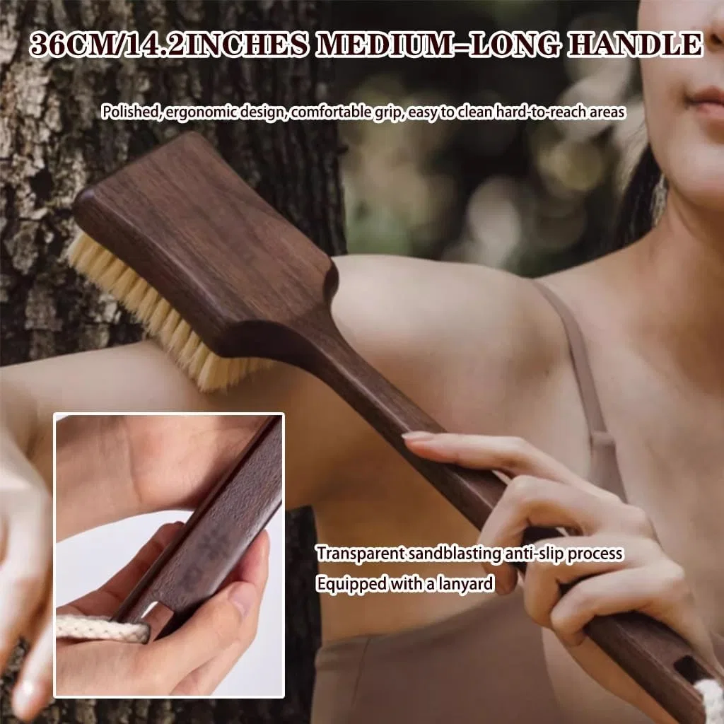 Щетка для тела из свиной щетины, с ручкой из черного дерева, 36x8 см, Brown B Generic — фото 3