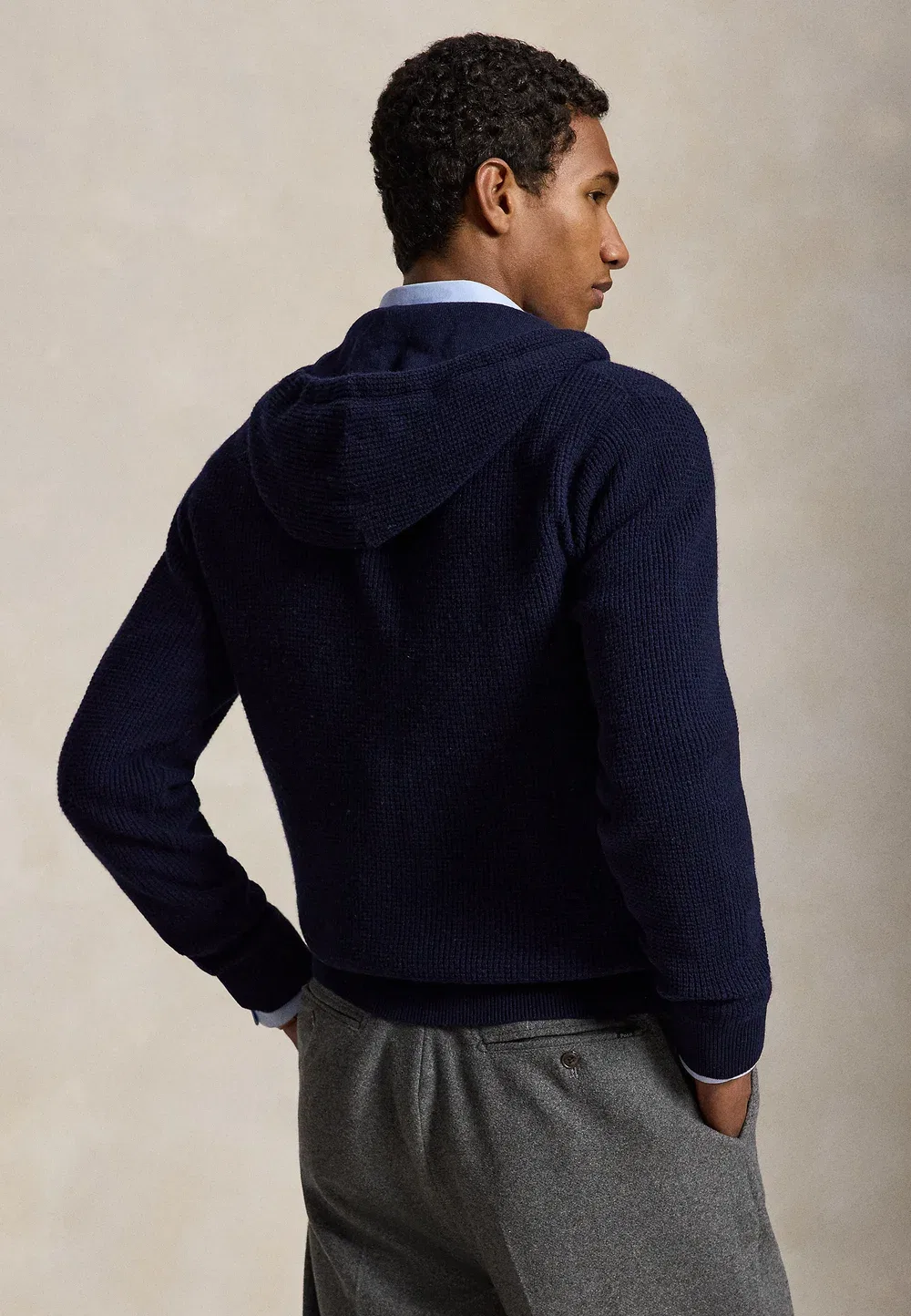 Вафельный свитер с капюшоном из шерсти и хлопка - кардиган Polo Ralph Lauren, Hunter Navy — фото 3