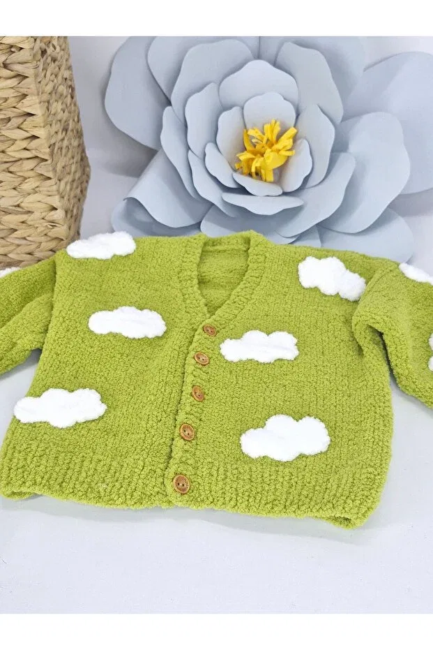 Детский кардиган с длинным рукавом Hand knitted soft plush cloudy unisex children's cardigan Evitle, Green — фото 2