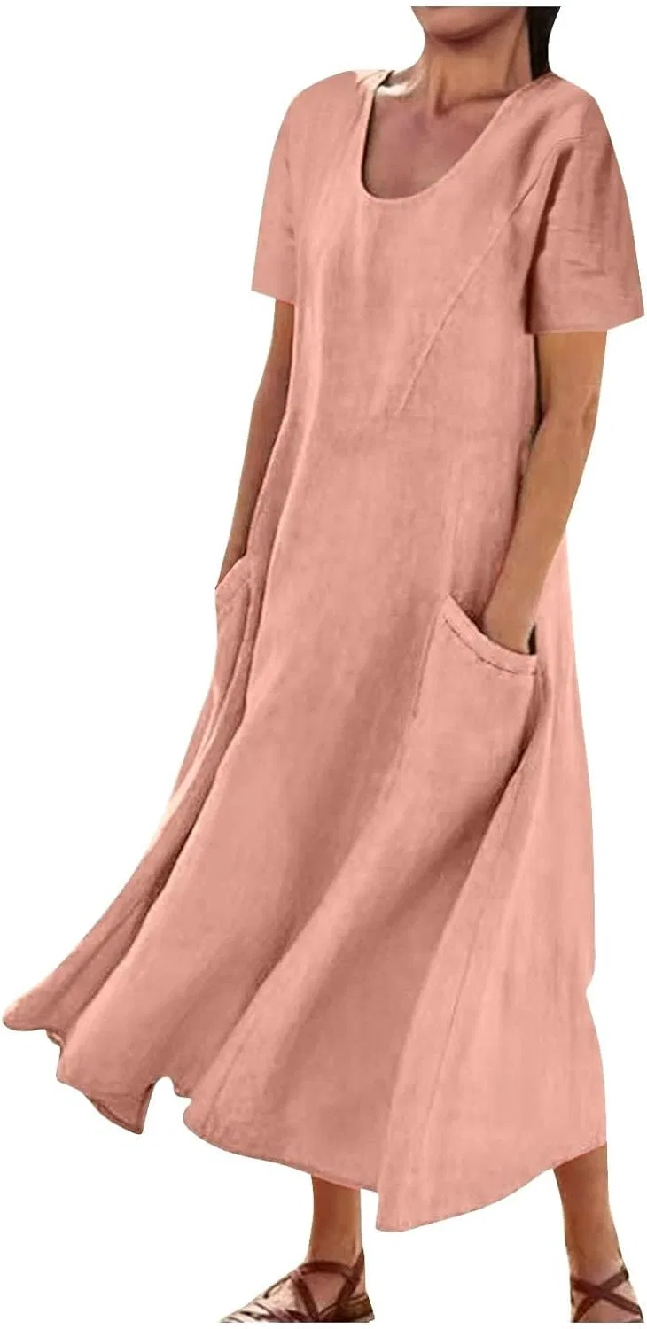 Женское летнее платье макси из хлопка и льна, Pink