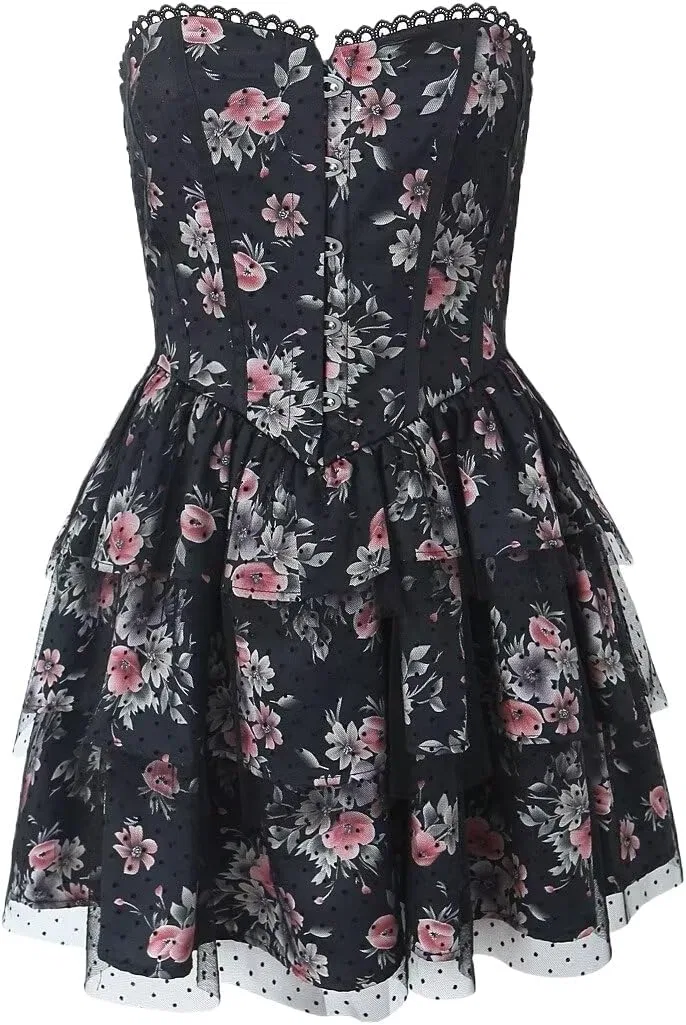 Женское летнее мини-платье с цветочным принтом Strapless, Black