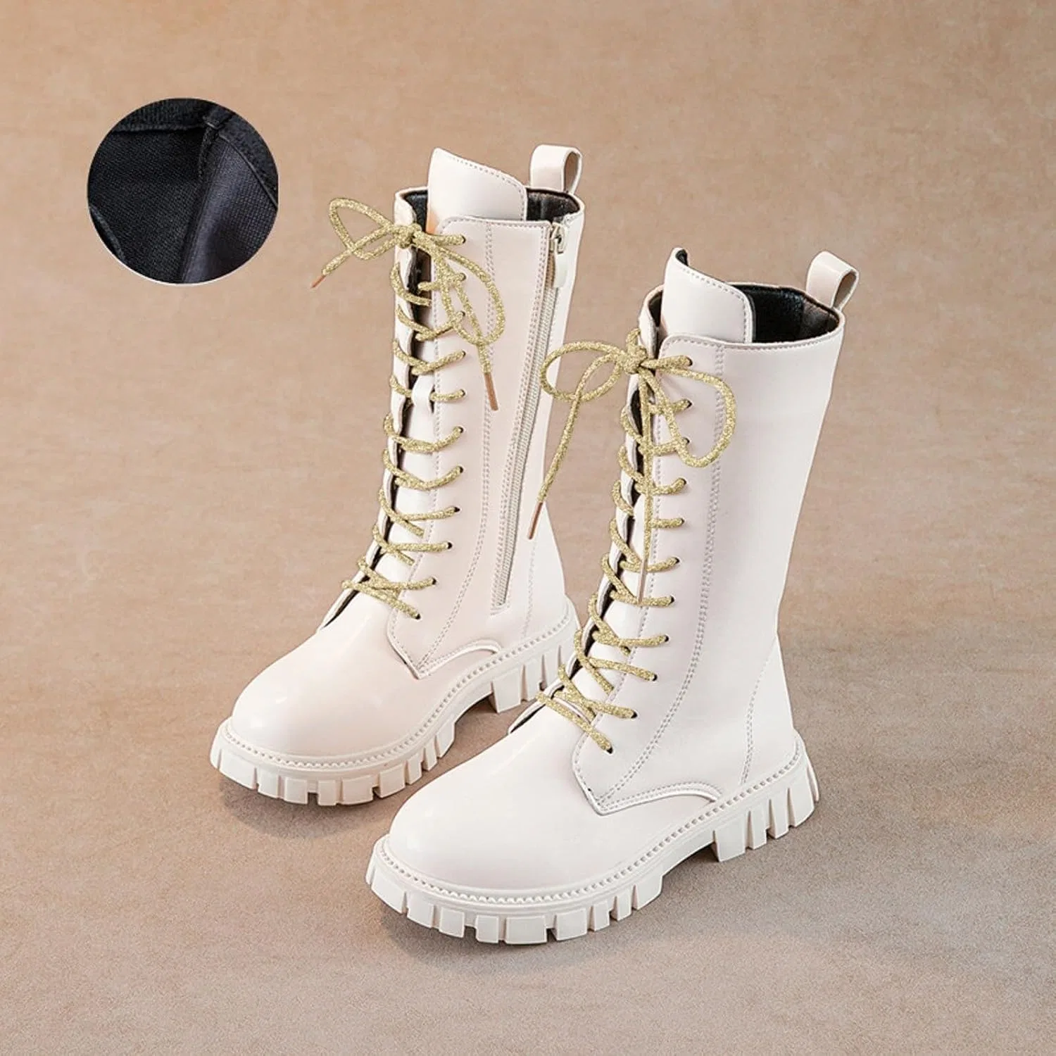 Детские кожаные ботинки-берцы на шнуровке с молнией сбоку, модель Knee High Side Zipper Round Toe, White — фото 3