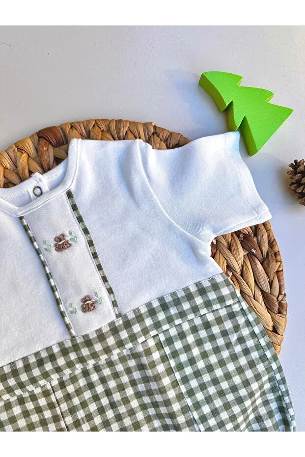 Детский комбинезон для девочек с принтом Pötikare soft series summer baby romper with hand embroidered teddy bear Mama Miel Baby, Khaki — фото 3