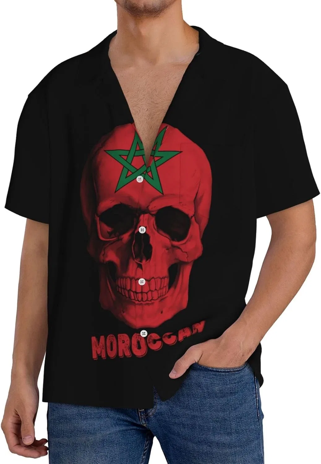 Мужская свободная рубашка с коротким рукавом Skull Moroccan Flag, Black