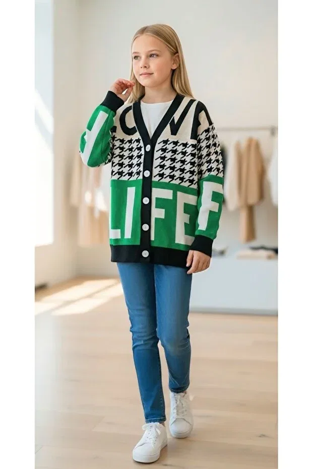 Детский кардиган для девочек с принтом Letter and Pattern Minimoda Kids, Ecru-Green