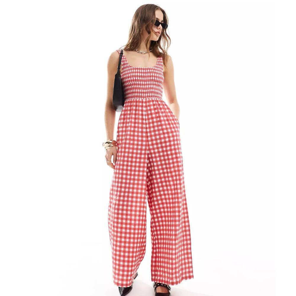 

Комбинезон Asos Design Checkered Wide Legs And U-neck, розовый