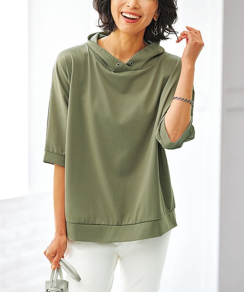 

Футболка с капюшоном и воротником-стойкой, бренд Belluna Plus, цвет хаки