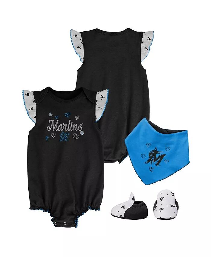 

Комплект из 3 предметов: боди Miami Marlins Home Plate для новорожденных и младенцев, черный, нагрудник и пинетки Outerstuff