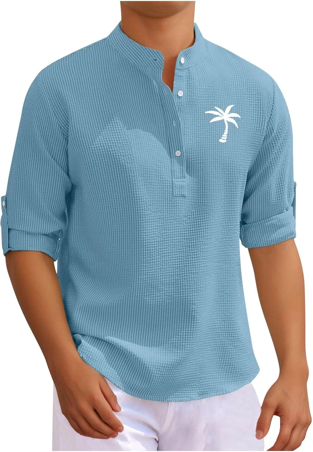 Поло для мужчин с длинным рукавом, Coconut Tree Print, вафельная вязка, синий
