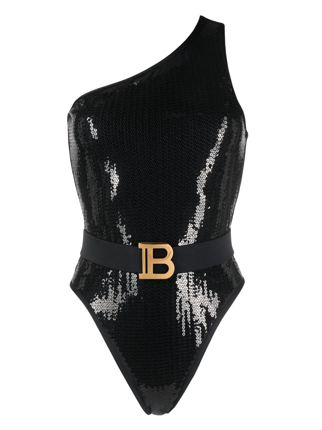Купальник с пайетками на одно плечо Balmain, черный