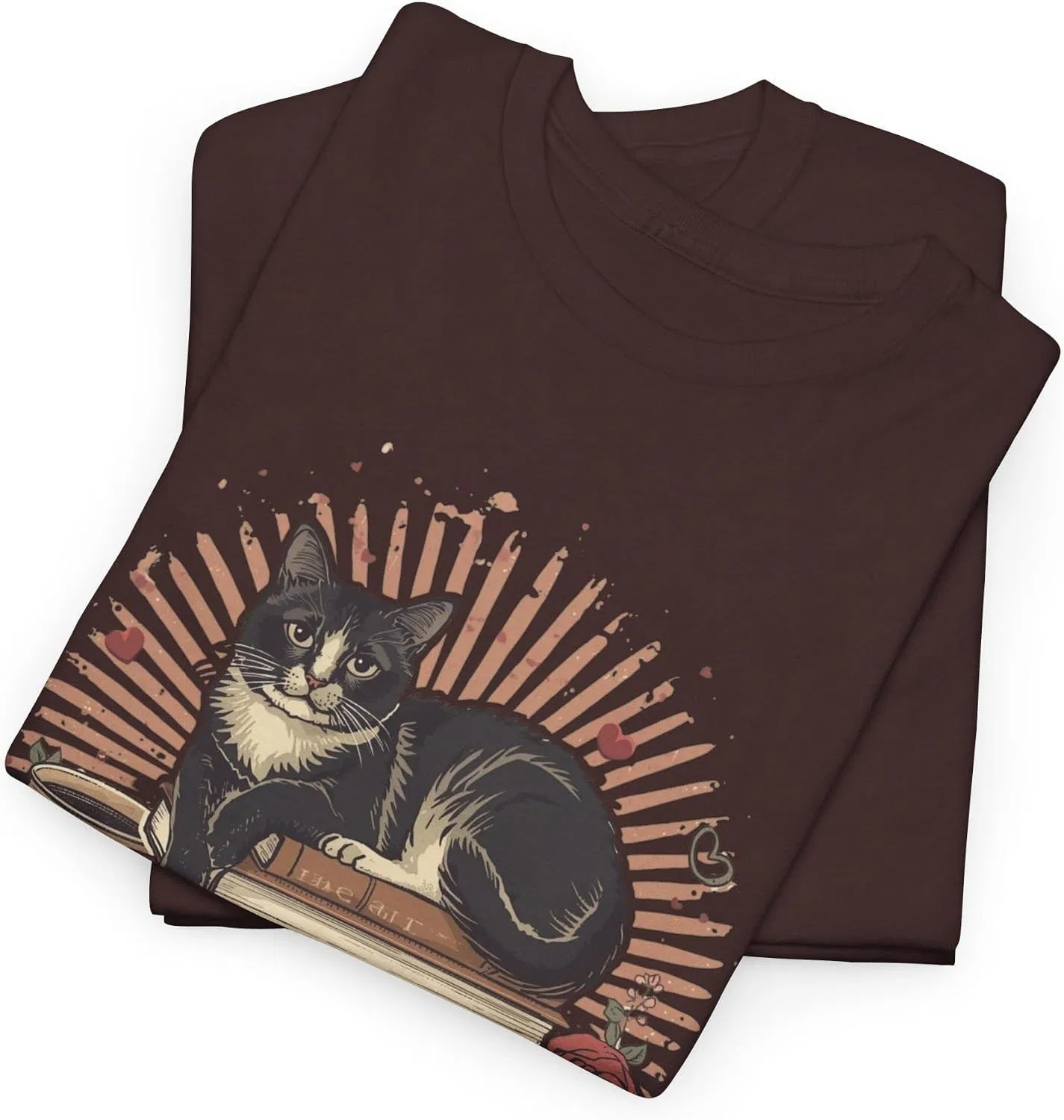 Мужская футболка с принтом Purrfectly Booked Cat Stack of Books, Russet — фото 3