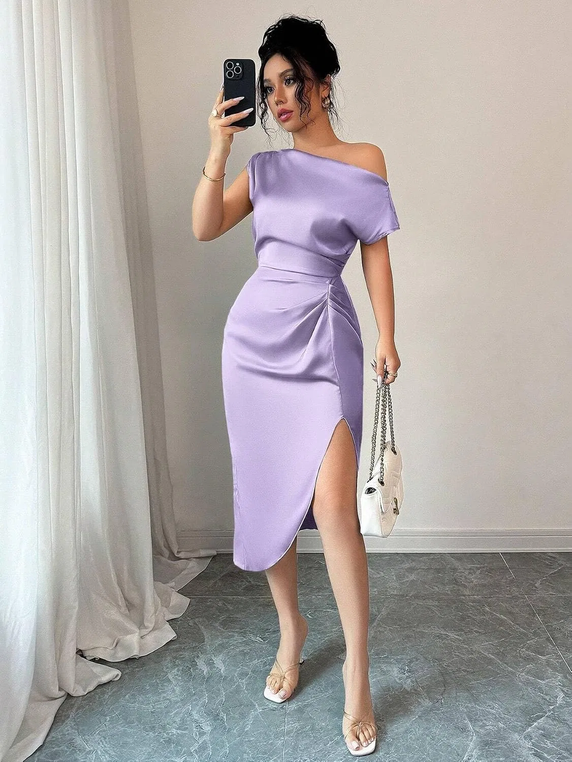 Женское элегантное миди-платье с асимметричным вырезом, Purple — фото 4