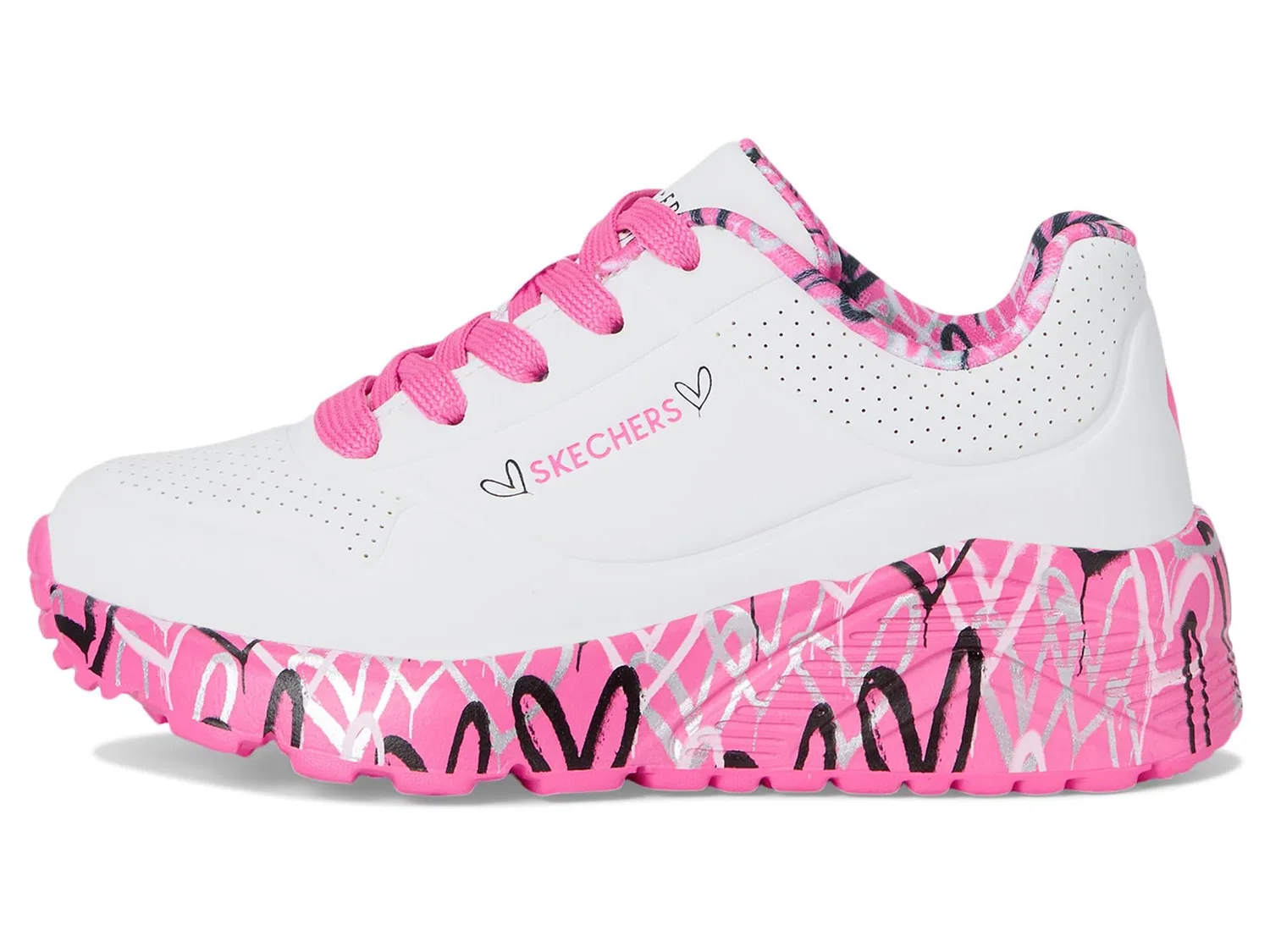 Детские кроссовки для девочек с принтом Uno Lite - Lovely Luv Skechers, White Pink Silver Black — фото 4