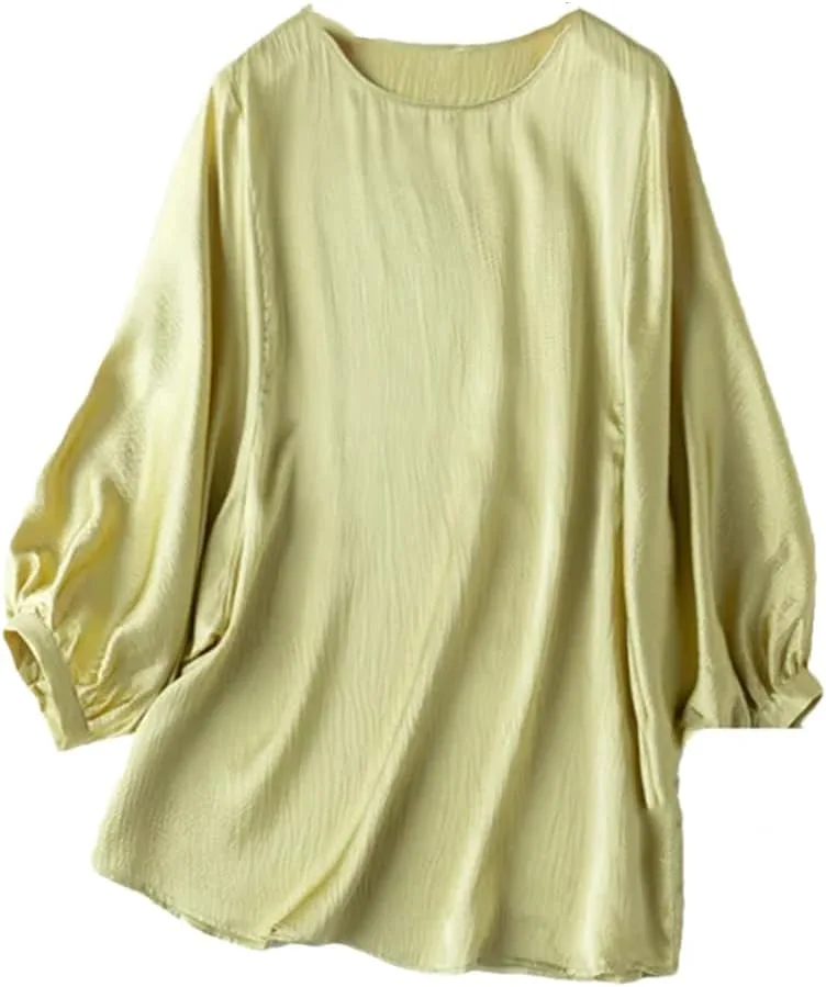 

Летняя шелковая футболка Women Satin Solid O Necks Loose Lantern 3/4 Sleeve Vsadsau