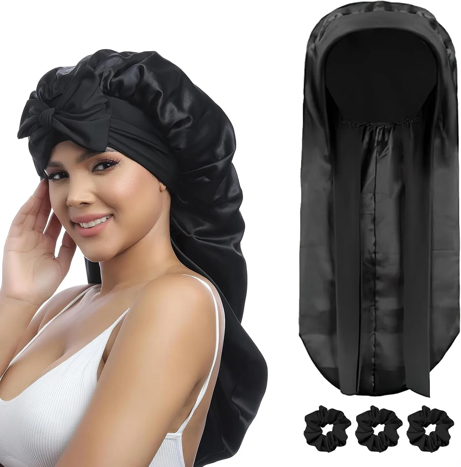Шапочка для душа из сатина, hoeslaw, набор с 3 скранчами, 27x12.4 дюймов, Black
