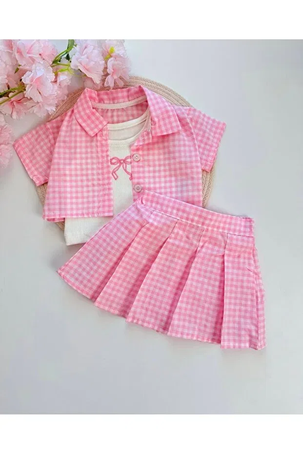 Детский комплект для девочек с полоской Gingham shirt & badi & skirt 3-piece set Bobby Baby, Pink — фото 4