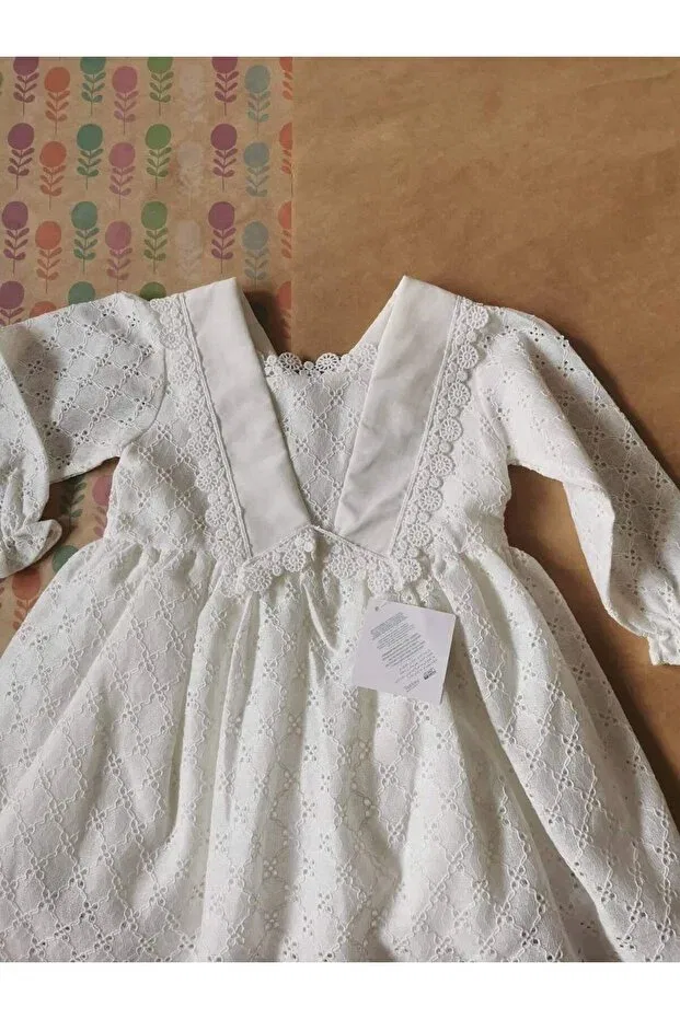 Детское платье для девочек кружевное Scallop fabric collar detailed long sleeve white girl's dress Generic Brands, White