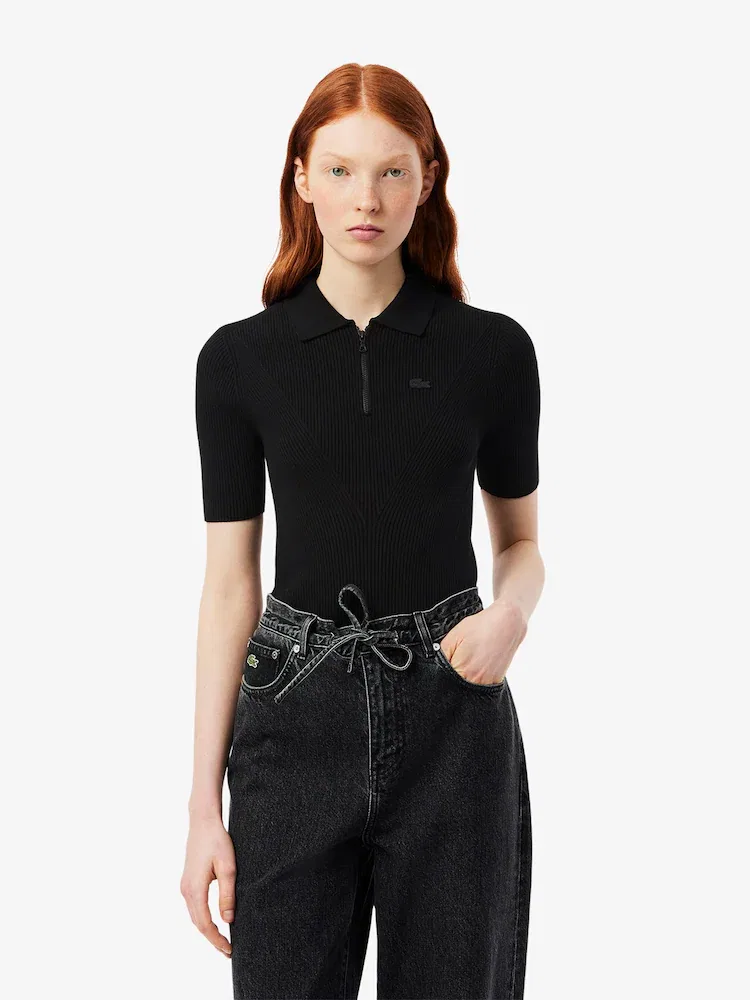 Свитер женский LACOSTE с полузастежкой, 3D плетение, темно-синий