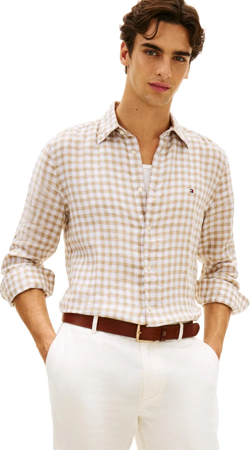 Мужская рубашка с коротким рукавом из льна Tommy Hilfiger, Beige (Sandalwood / Check)
