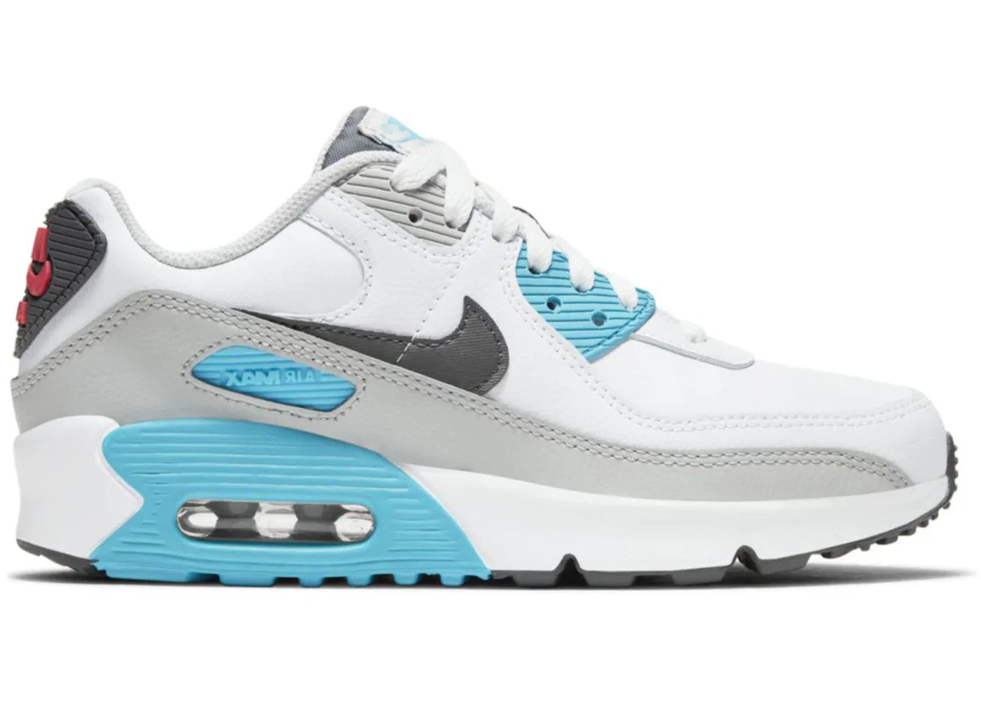 Детские кроссовки Lifestyle с кожаным верхом Nike Air Max 90 Leather, White/Chlorine Blue/Light Fusion Red/Iron Grey