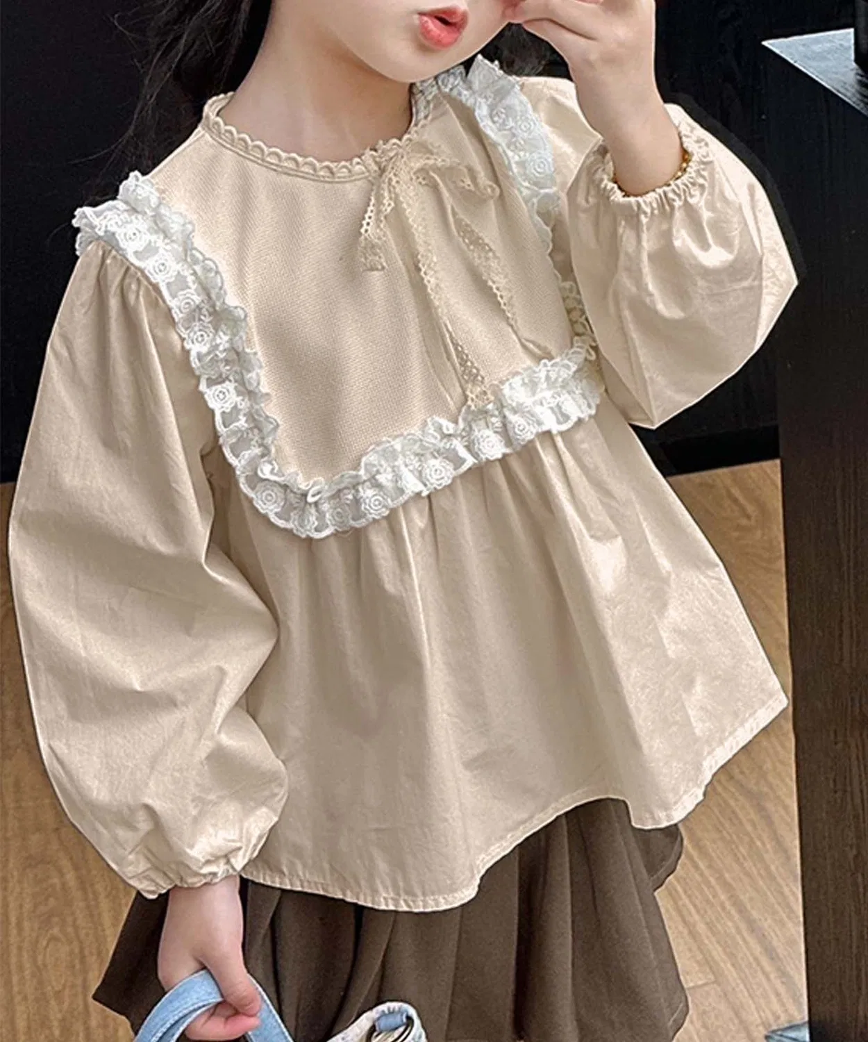 Детская блузка с длинным рукавомс воланами и бантом aimoha, Light Beige