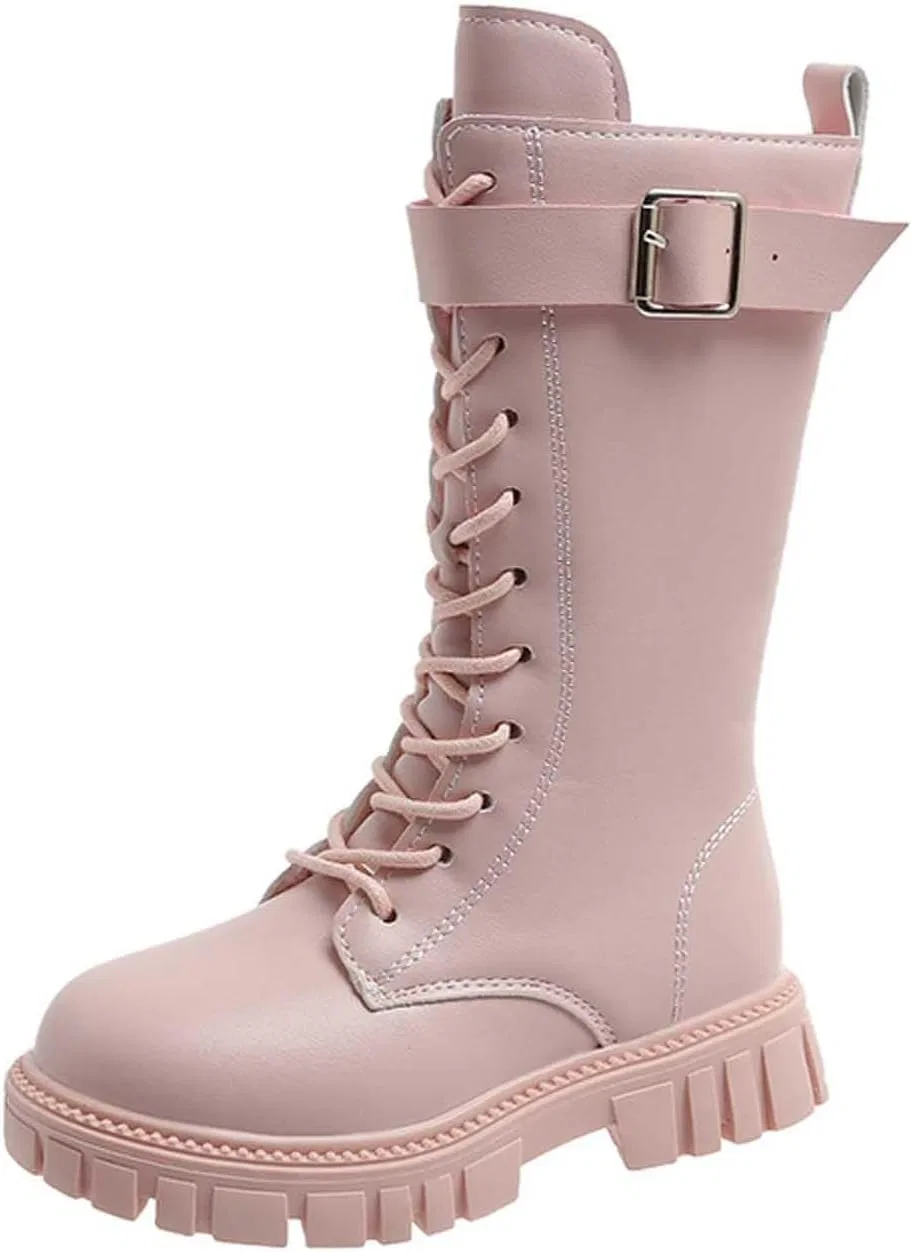 Детские ботинки для девочек на шнуровке с боковой молнией, модель Combat Boots, PU кожа, Pink