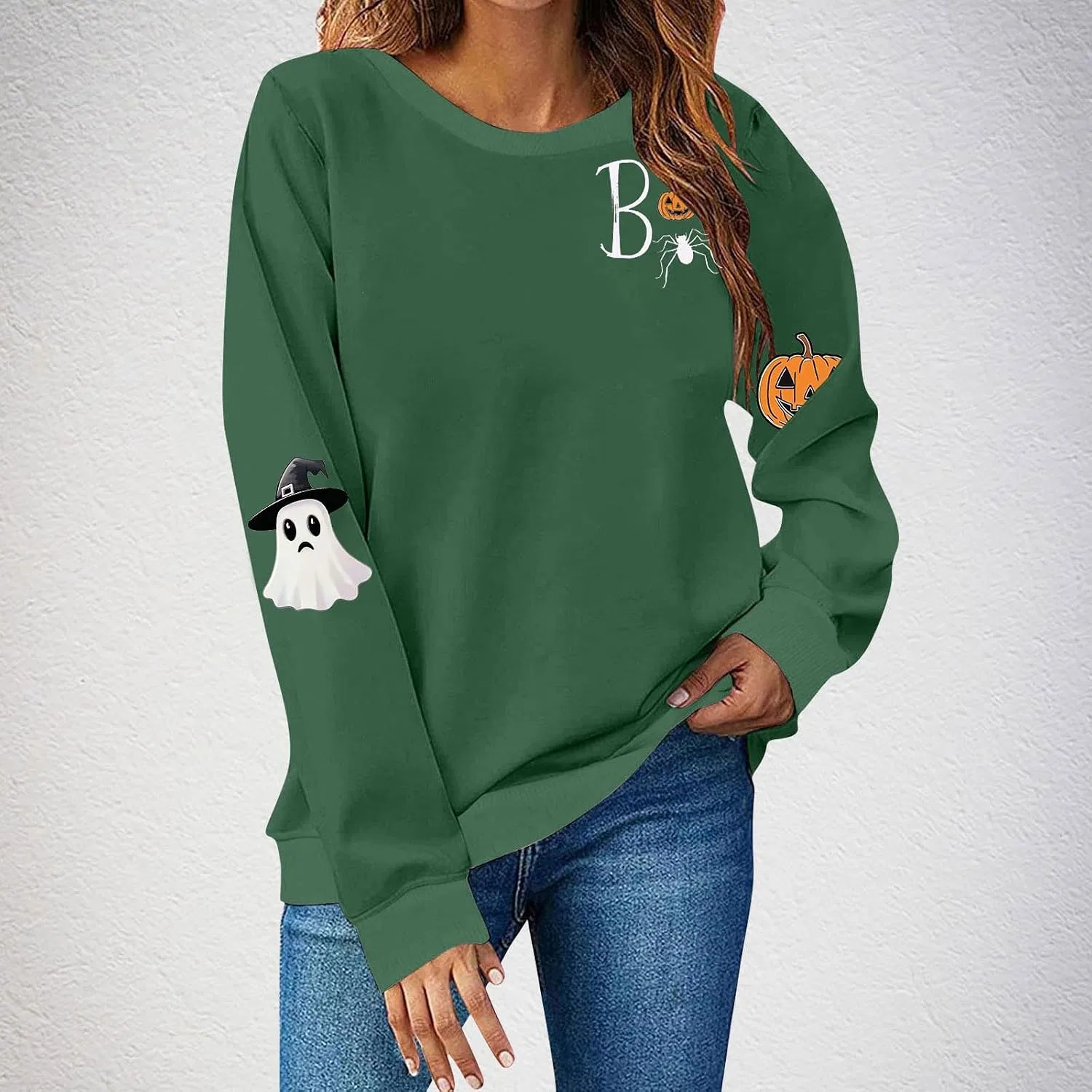 Женский свитшот с принтом Spooky Season, Cc Army Green — фото 2