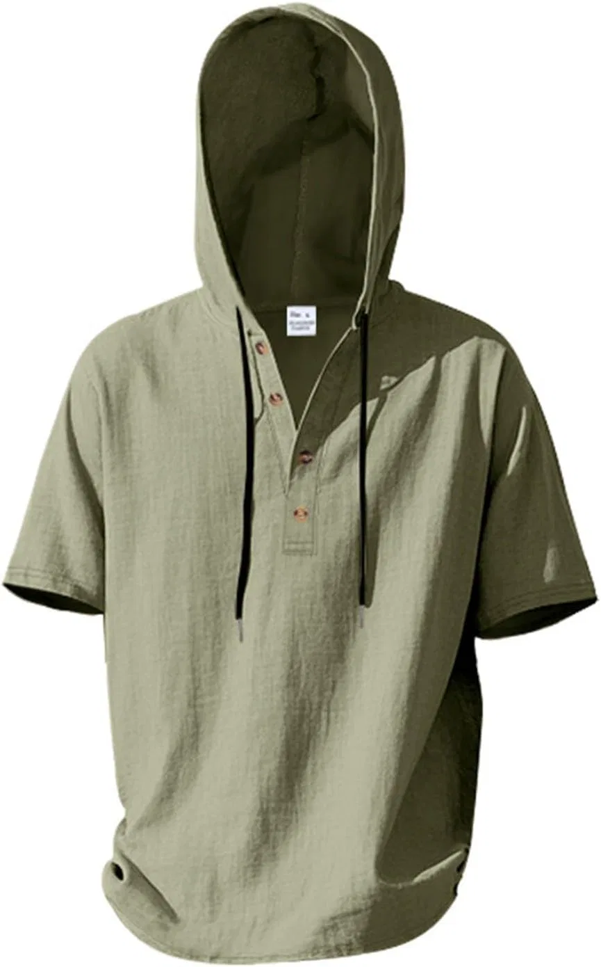 Мужская льняная худи с капюшоном, длинный рукав, Army Green — фото 4