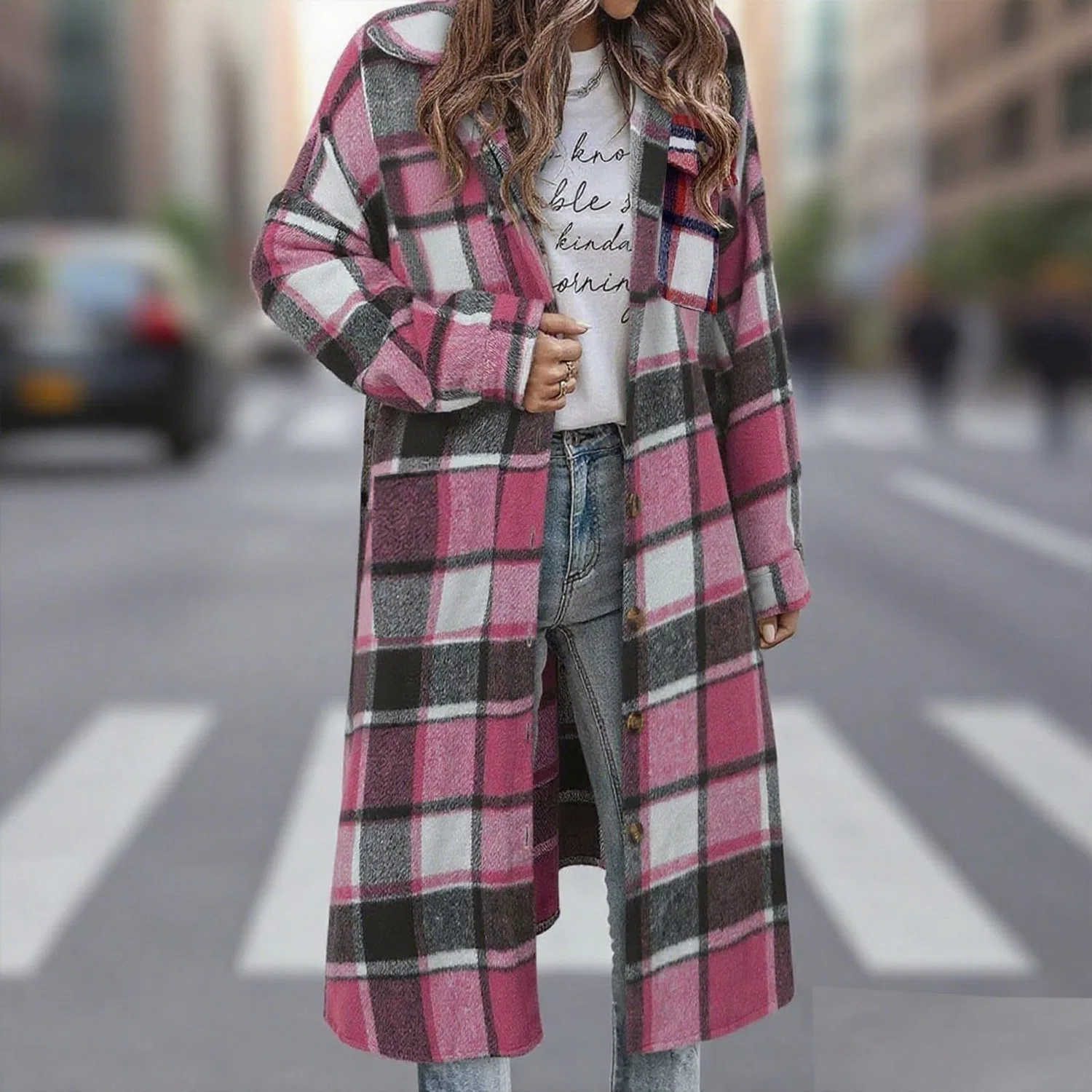 Женская рубашка-куртка с принтом в клетку Oversized Plaid Shacket, Rosa acceso — фото 2