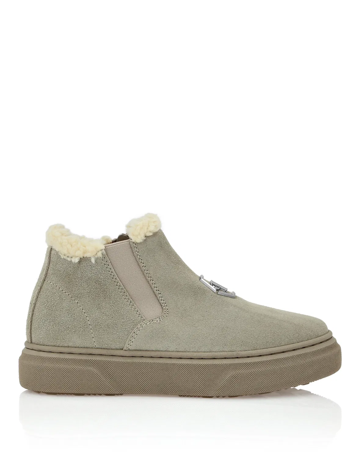 Детские низкие ботинки на плоской подошве из кожи с эластичными вставками Eco Shearling Suede Anckle Boots PHILIPP PLEIN, бежевый — фото 2